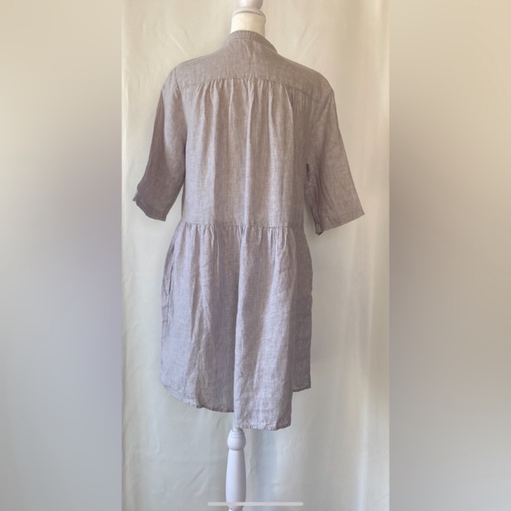 Women's Grey 100% Linen Dress MD Popover Lagenlook 3/4 Sleeve Coastal Grandma - Picture 8 of 13